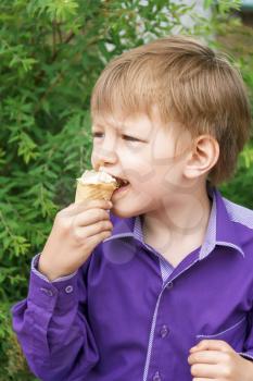 Vertical photo of blond boy are eating icecream in summer 