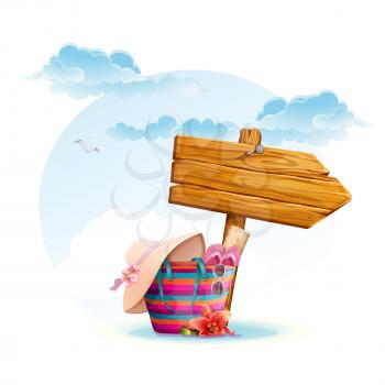 Royalty Free Clipart Image of a Basket of Beach Accessories and a Wooden Sign