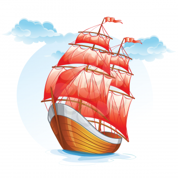 Royalty Free Clipart Image of a Boat With Red Sails