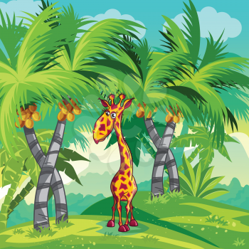 Royalty Free Clipart Image of Palm Trees and a Giraffe