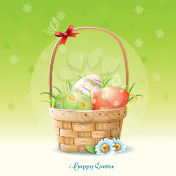 Royalty Free Clipart Image of an Easter Greeting With a Basket of Eggs