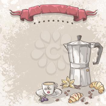 Royalty Free Clipart Image of a Coffee Urn With Cup and Croissants