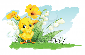 Royalty Free Clipart Image of a Baby Chick in a Garden