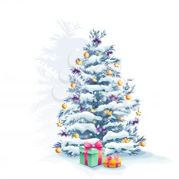 Royalty Free Photo of a Snow-Covered Christmas Tree With Presents
