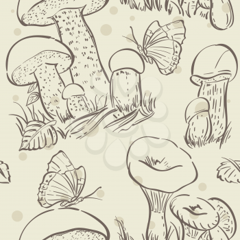 Royalty Free Clipart Image of a Mushroom and Butterfly Background