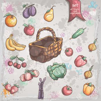 Royalty Free Clipart Image of a Wicker Basket With Food Around It
