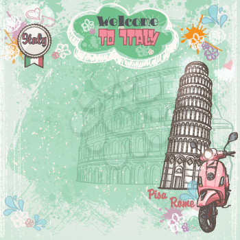 Background of Italy for your text with the image of the Colosseum, the Leaning Tower and pink moped