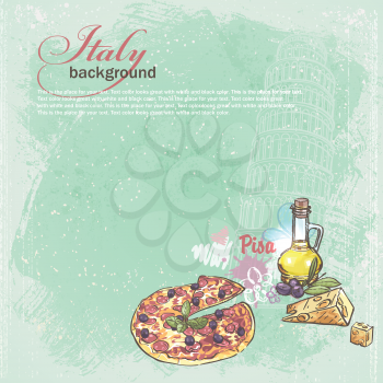 Italy Background for your text with the image of the Tower of Pisa, pizza, cheese and olives