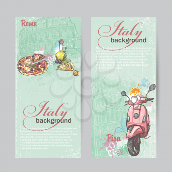 Set of verticall banners of Italy. Cities of Rome and Pisa with the image of a pink moped, pizza, cheese and oil cans