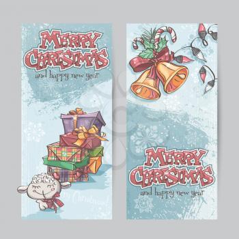 Set of vertical banners with the image of Christmas gifts, garlands of lights and Christmas bells.