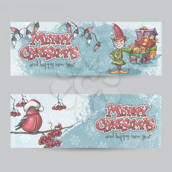Set of horizontal banners for Christmas and the new year with a picture of an elf and Bullfinch on a branch
