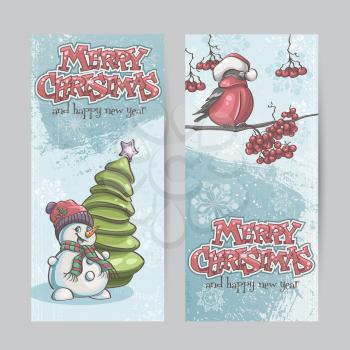 Set of vertical banners for Christmas and the new year with a picture of a snowman and bullfinch on the branch