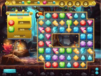 Example of the user interface and the playing field for a computer game three in a row. treasure hunt