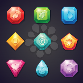 Set of cartoon colored stones with different signs element for use in the game, three in a row