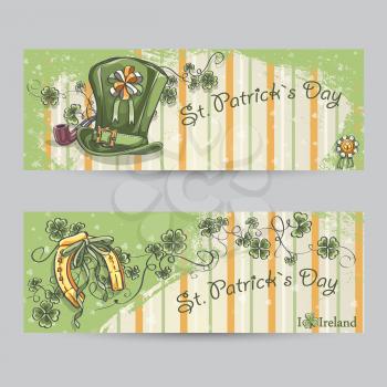 Set of horizontal banners for St. Patrick's Day with a horseshoe and a hat.
