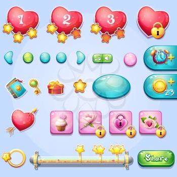 Set of different elements, progress bars, boosters, buttons for computer games and web design on the theme of Valentine's Day
