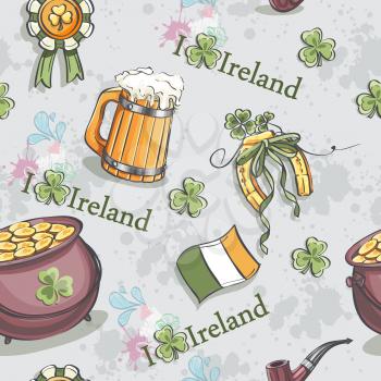 Seamless texture for St. Patrick's Day with a pot of gold and a wooden beer