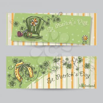 Set of horizontal banners for St. Patrick's Day with leaves of clover, horseshoe and cap.