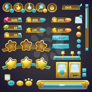 Set of different elements in a cartoon style, progress bars, boosters buttons and other elements