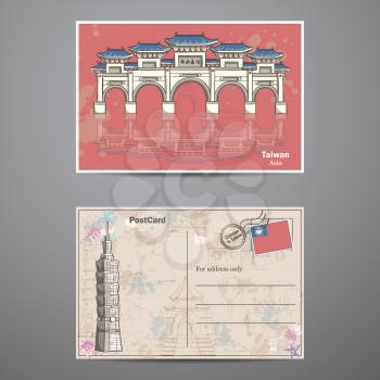 A set of two sides of a postcard with the image of Taiwan's attractions. Asia
