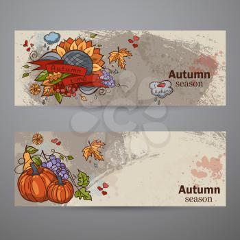 Set horizontal banners of colored autumn doodle