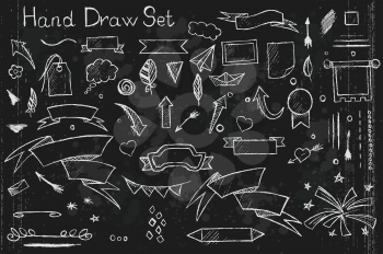 A hand drown set on black background of pencil elements arrows, brushes, banners etc with white outlines