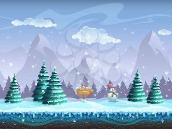 Seamless cartoon background with winter landscape sign snowman and bullfinch