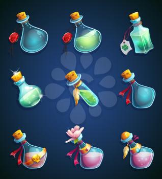 Set alchemical cartoon bottles. Vector illustration for web, mobile, video games and design.