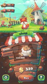 Feed the fox GUI match 3 shop window - cartoon stylized vector illustration mobile format  with options buttons, game items.
