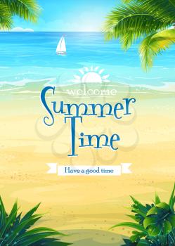 Background summer vacation with sun, sea, sky, palm trees, beach, boat. Creative design for print summer cards, invitations, brochures, posters. Vector illustration.