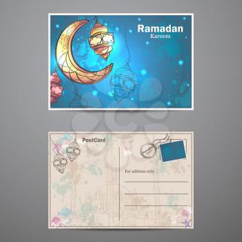 Postcard with lamps and crescent moon creative background to celebrate the Islamic holiday of Ramadan Kareem