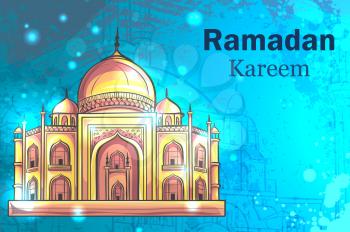 Colorful design is decorated with Mosque on the creative background to celebrate the Islamic holiday of Ramadan Kareem