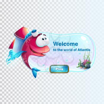 Atlantis ruins with fish rocket - vector illustration boot screen to the computer game. Bright background image to create original video or web games, graphic design, screen savers.