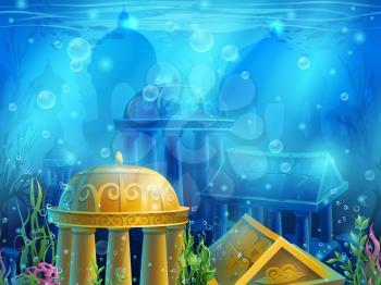 Underwater ruins with a set of elements. For print, create videos or web graphic design, user interface, card, poster.