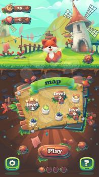 Feed the fox GUI match 3 map window - cartoon stylized vector illustration mobile format  with options buttons, game items.