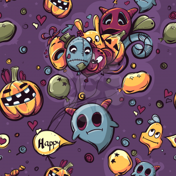 Colored seamless texture hand-drawn Halloween doodles - Ghost with the balls
