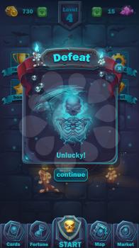 Monster battle GUI defeat playing field match 3 - cartoon stylized vector illustration mobile format window with options buttons, game items, cards.