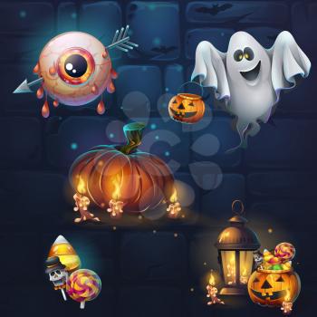 Set of different items for game user interface. Vector background cartoon illustration to the computer game for theme Halloween. Background image to create original video or web games, graphic design