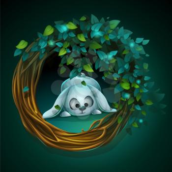 Vector cartoon illustration wreath and leaves with a bunny on a green background