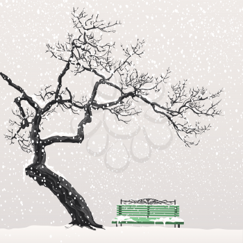 Lonely tree without leaves head over the snow-covered green bench