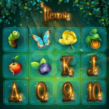 Playing field slots game for game user interface. Vector illustration images to the computer game Shadowy forest GUI to create buttons, banners, graphic elements.