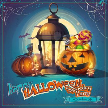 Halloween cartoon stylized vector illustration pumpkin, lantern and candles