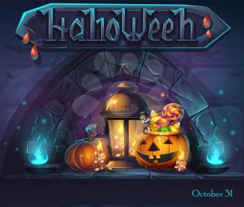 Halloween background - cartoon stylized vector illustration pumpkin, lantern and candles witn a drop of blood