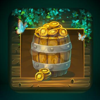 Icon barrel with gold coins for game user interface. Vector illustration to the computer game Shadowy forest GUI. Background image to create original video or web games, graphic design, screen savers.