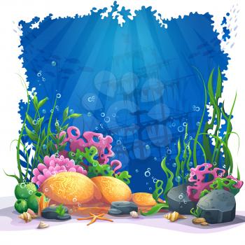Beautiful coral and colorful reefs and algae on sand. Vector illustration of sea landscape.