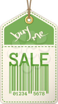 Vintage sale tag with stitches. Isolated retro design with typography elements. Buy Me concept promotion label