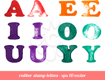 Isolated rubber stamp letters set. A - Y vowels. Vector illustration.