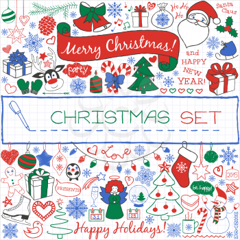 Doodle Christmas season icons and vintage graphic elements with pen dran on paper effect. Santa Claus,  snow man, cute Christmas decorations, presents, snow flakes. Scrapbooking and infographics.