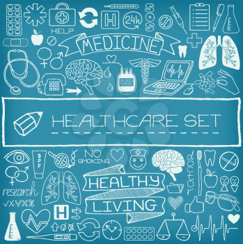 Hand drawn medical set of icons with medical and science tools, human organs, diagrams etc. Vector illustration. 
