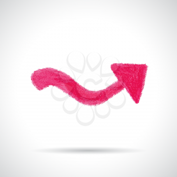 Pink curved arrow. Hand drawn with oil pastel crayon. Abstract design element isolated on white background.